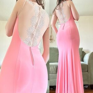 Vintage Y2K Adrianna Papell Elegant Pink Beaded Back Evening Gown